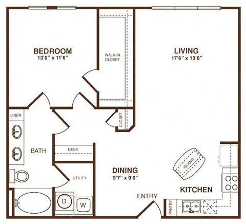 Floor plan for 1 bed, 1 bath, 763 sqft